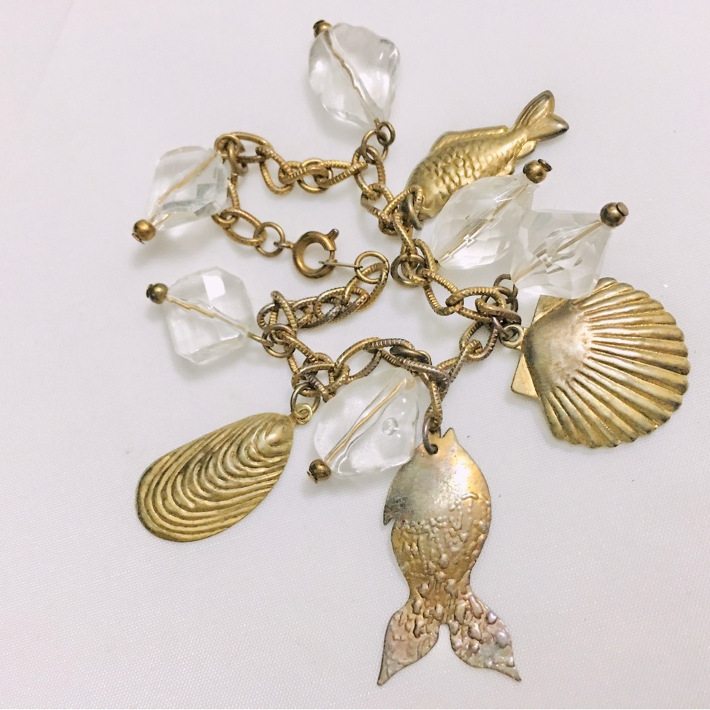 Vintage Gold Crystal Shell Fish Ocean Life Charm Bracelet